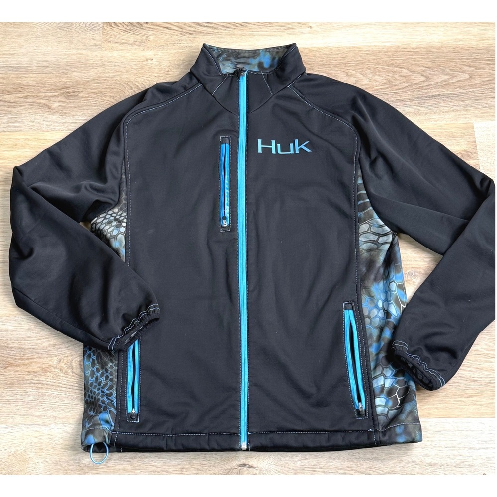 Huk Black/Blue Performance Fishing Softshell Jacket Mens L Gorpcore Outdoors